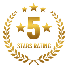 Gold five-star rating badge with laurel wreath.